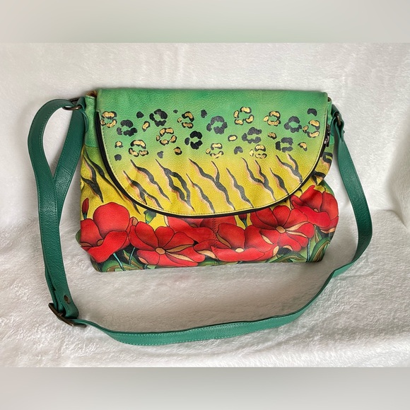 Anuschka hand-painted leather flap-over crossbody purse floral animal print - Picture 6 of 15